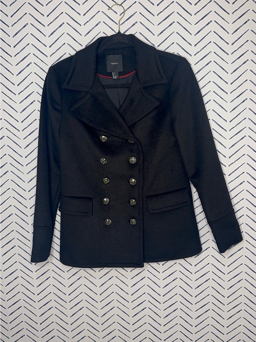 NWOT Forever 21 Black Double Breasted Pea Coat with military buttons - Picture 2 of 8